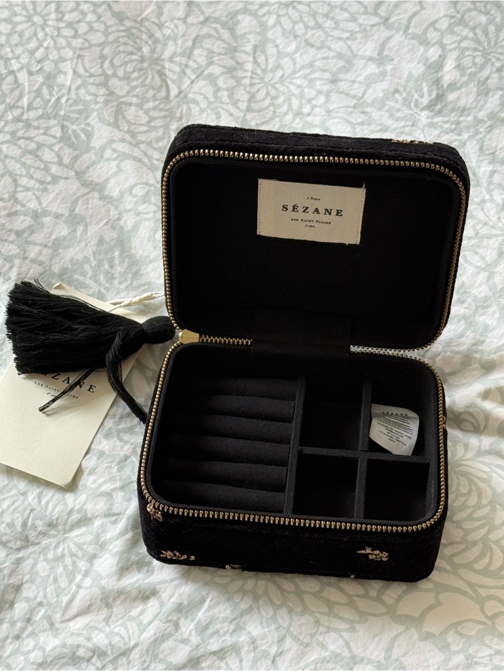 Sezane Black Velvet Embroidered Jewelry Pouch with Tassel